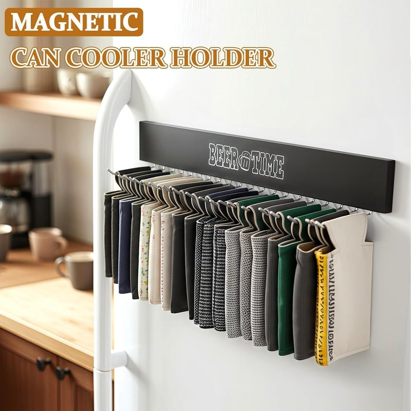 AVMDOM Magnetic Can Cooler Holder Storage Wall Mount, Cooler Organizer Rack with 20 Rotatable Metal Hooks, Adhesive Drink Cooler Dispenser, Wooden Beer Sleeve Accessories for Fridge & Wall, Rust-Resistant - Image 2